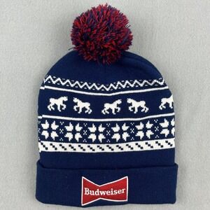 Budweiser Hat Beanie Blue Fair Isle Clydesdale Horse Knit Pom Adult Holiday Snow